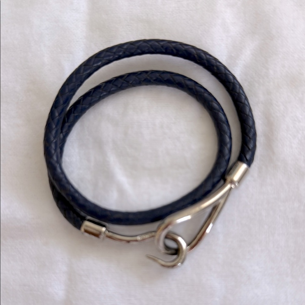 Navy HERMES Leather Bracelet, sterling silver hardware